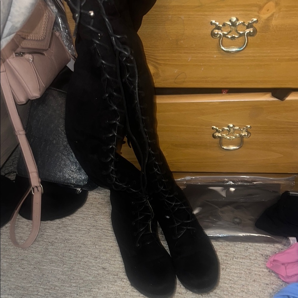Black Lace-Up Knee-High Boots